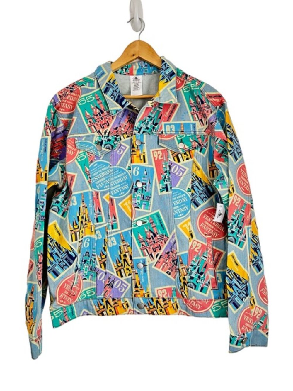 Disney Castles of Disney Parks D23 Postage Stamps Denim Jacket Size L NEW